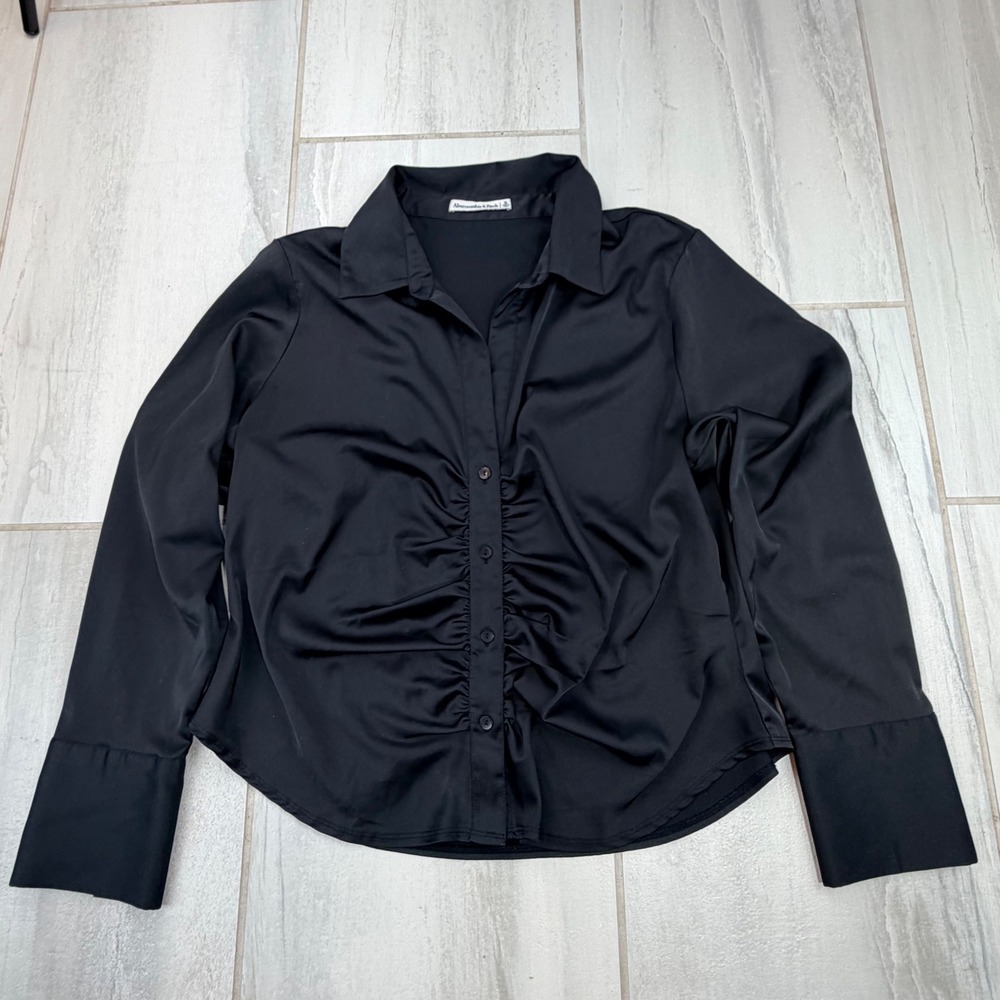 Abercrombie & Fitch Black Ruched Button Up Long Sleeve Shirt XL Stretch Slinky